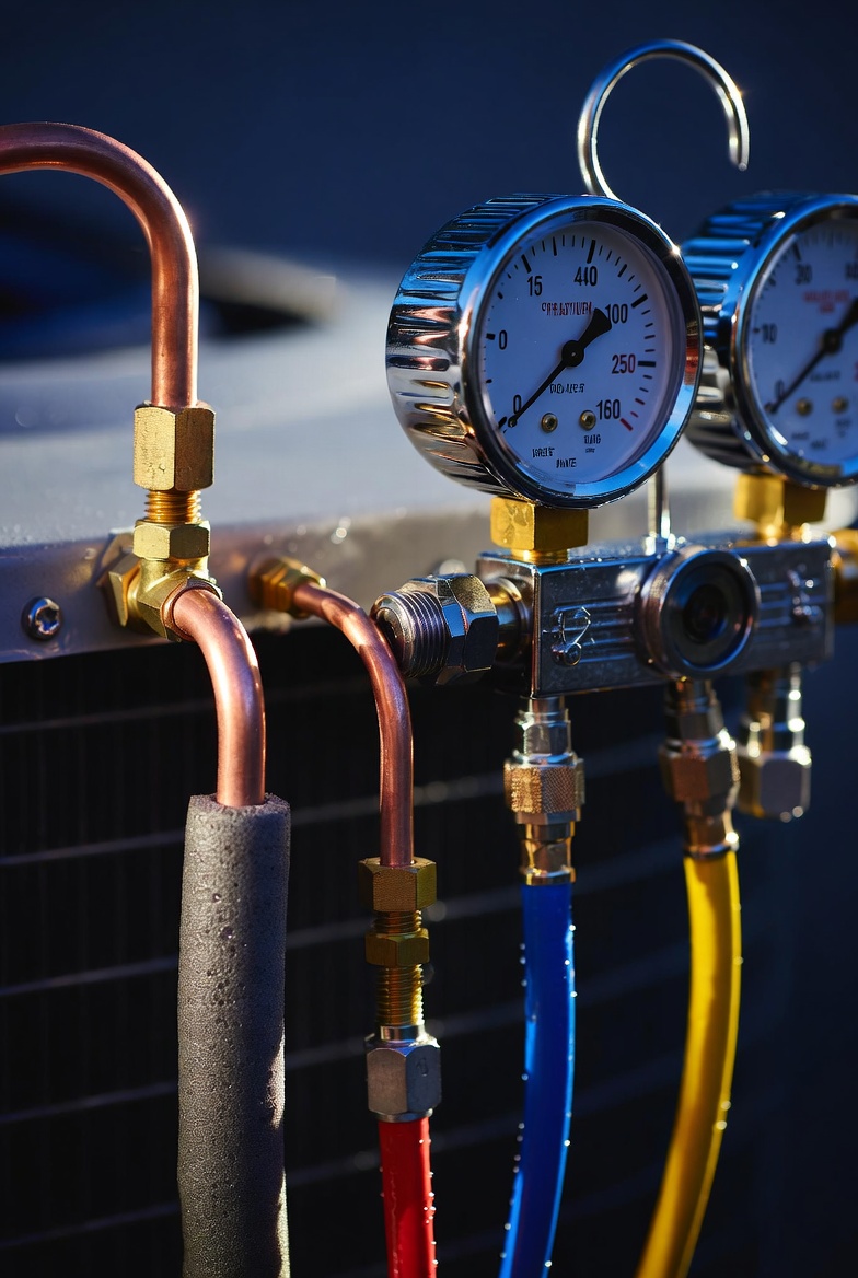 Close-up of HVAC refrigerant gauges and copper lines during a Glover Heating and Air Conditioning service call