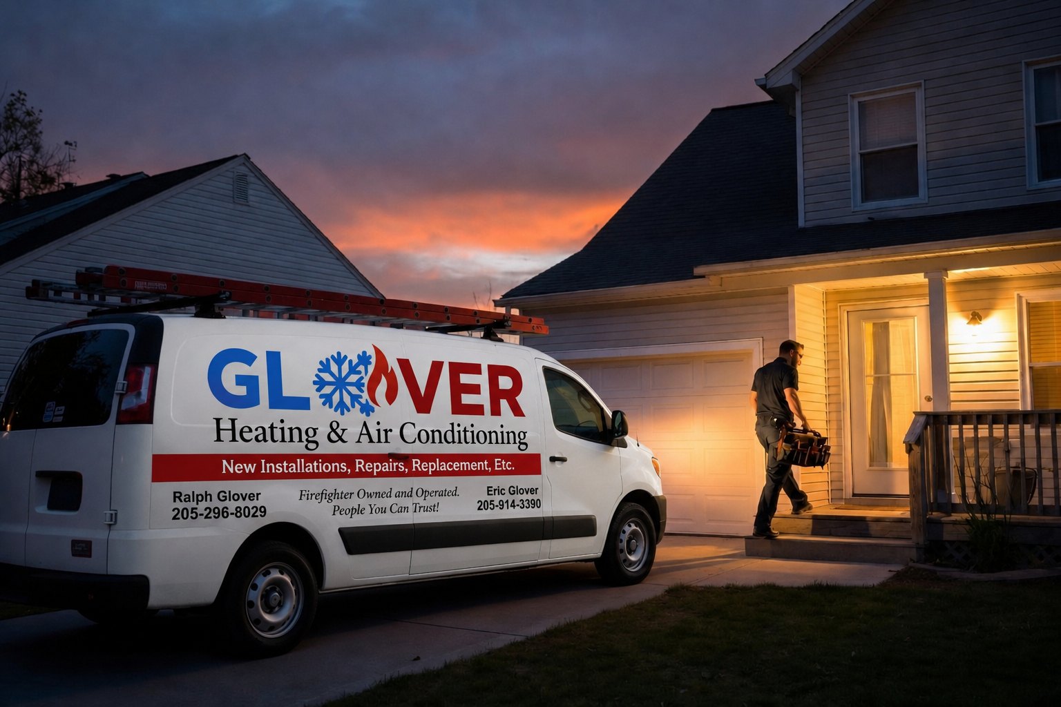 Glover Heating and Air Conditioning service van parked at dusk while a technician carries tools up to a home in the Birmingham, AL area